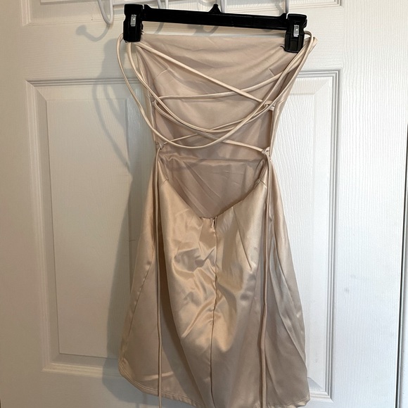 Champagne silk mini dress with lace-up back - Picture 2 of 2